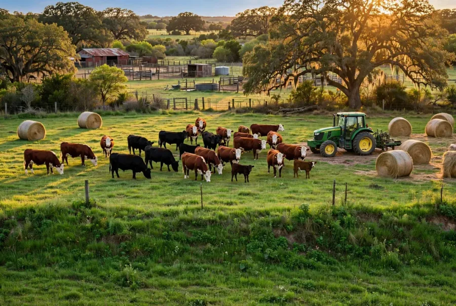 Cattle grazing on improved pasture with round hay bales in North Texas