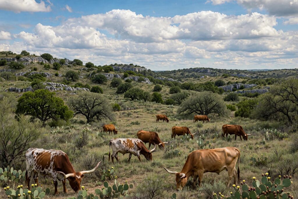 Longhorn cattle grazing on rolling Texas Hill Country ranch land