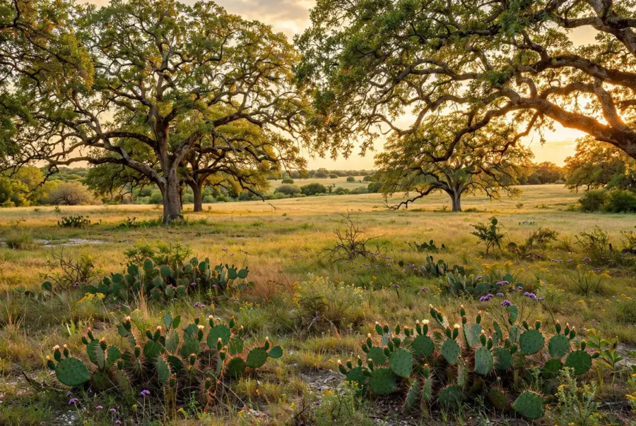 Homesite with oak trees and open pasture in North Texas