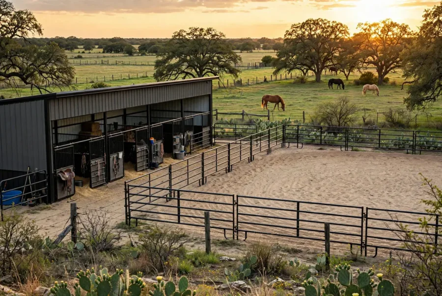 Horse barn and riding arena on a North Texas ranch