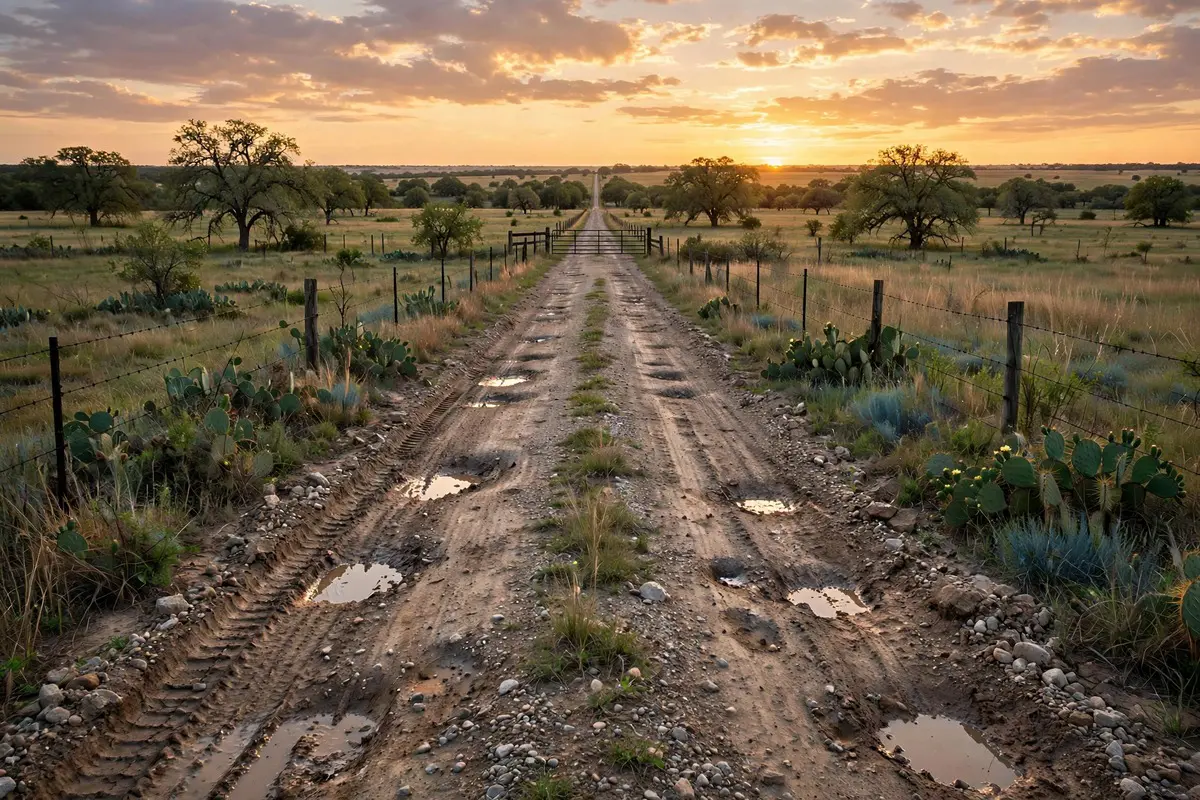 Country road leading to a North Texas ranch gate