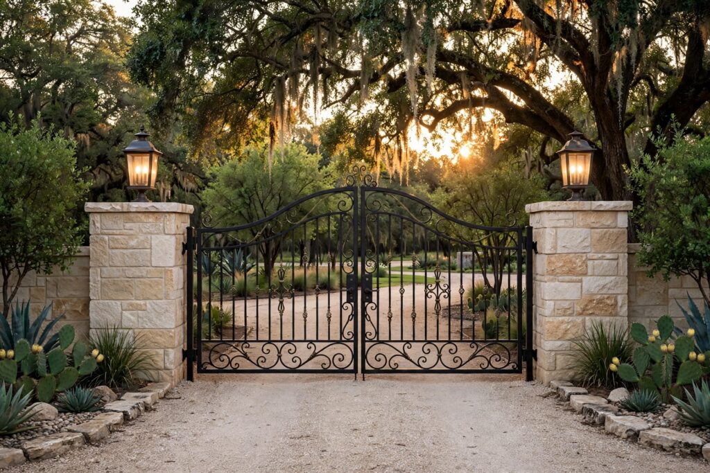 Stone and iron ranch entry gate under live oak trees