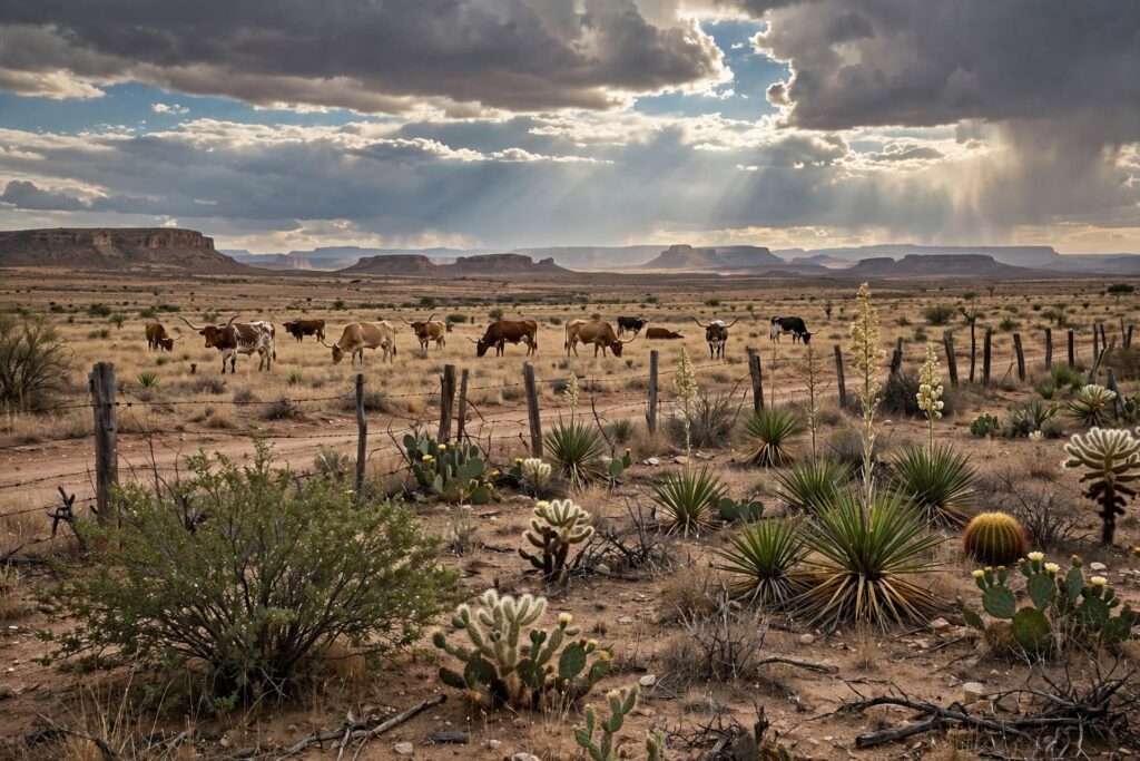 West Texas ranch land with mesas, cactus, and a wire fence under storm clouds