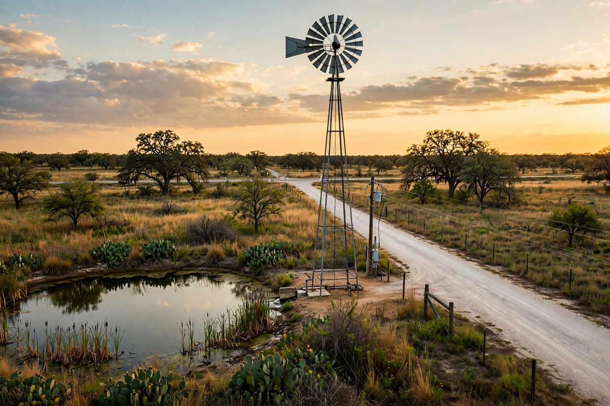 Windmill and stock pond beside a caliche road with power lines on Texas ranch land