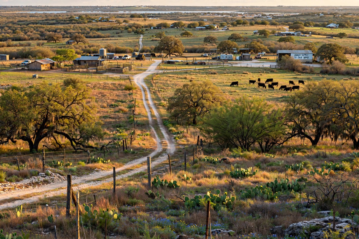 Ranch road leading past cattle pasture and barns with a lake on the horizon in South Texas