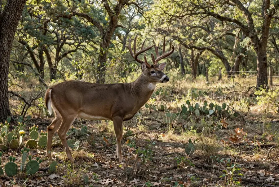 Whitetail buck in Cross Timbers oak woods on North Texas hunting land