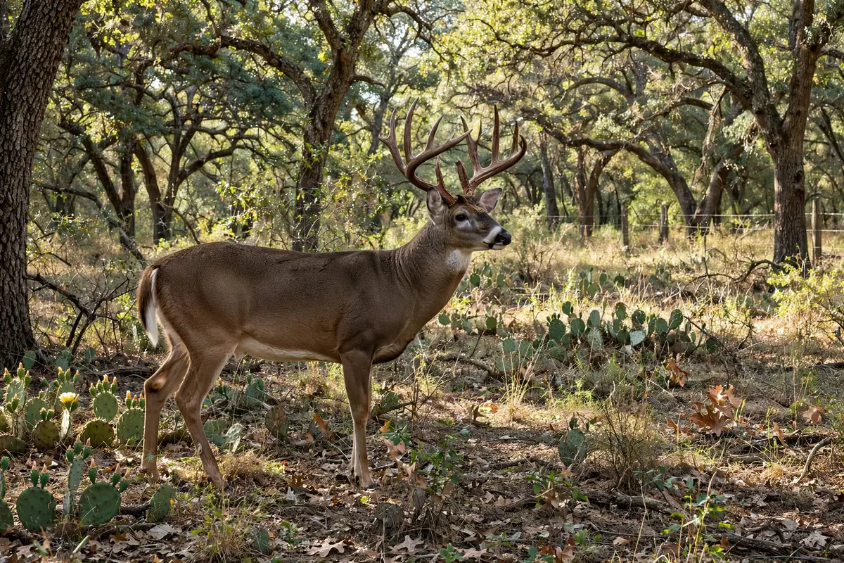 Whitetail buck in oak woods on Texas hunting land