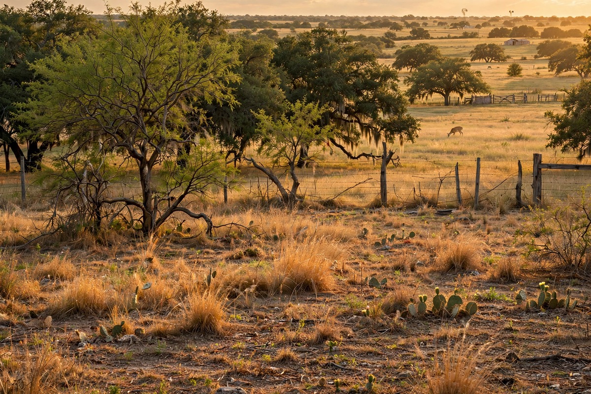 South Texas farm and ranch land with prickly pear, a wire fence, and a deer grazing at sunset