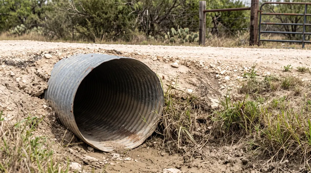 Metal culvert pipe under a caliche ranch driveway crossing a roadside ditch