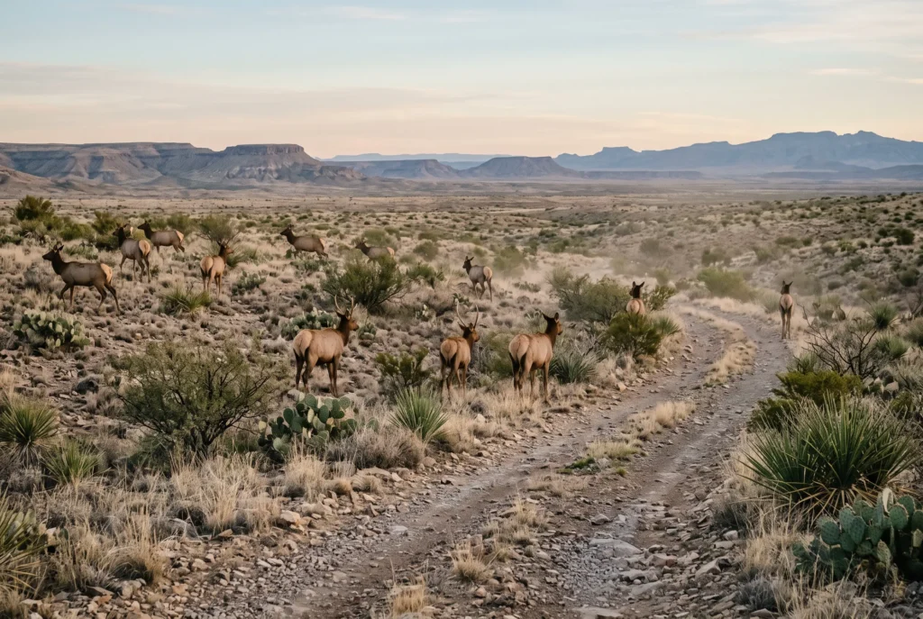 Elk herd moving across open ranch land in Pecos County, Texas