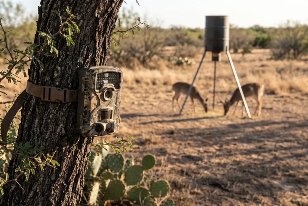 Trail camera on a mesquite tree watching deer at a feeder on a Texas ranch