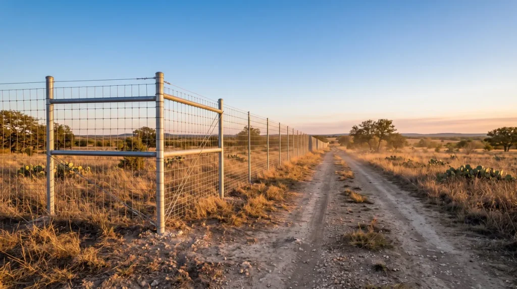 Eight-foot high game fence along a caliche ranch road on a Texas ranch at sunset