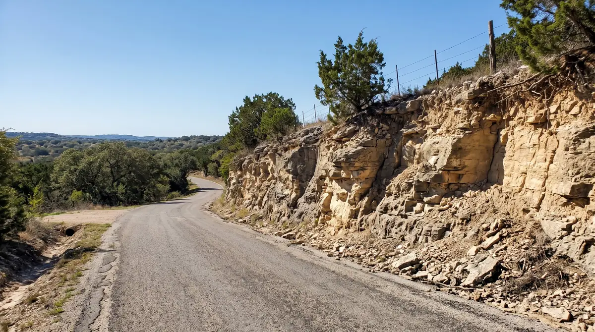 Steep limestone cut bank along a Texas Hill Country road where a driveway entrance would be hard to build