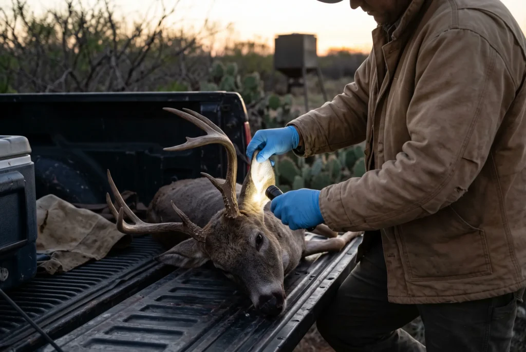 Hunter wearing gloves checking a harvested whitetail deer for signs of screwworm