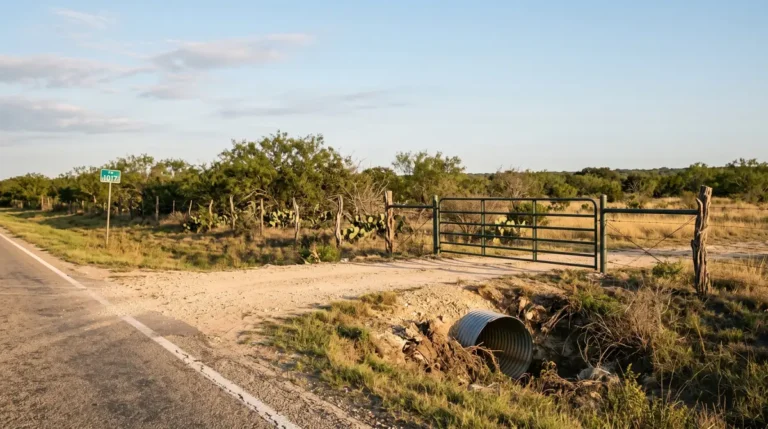 Ranch entrance with culvert crossing a bar ditch along a paved FM road, showing road frontage on Texas land