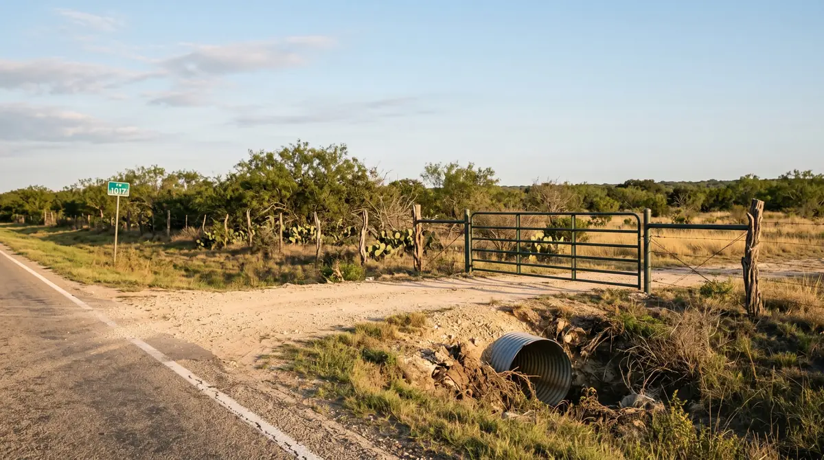 Ranch entrance with culvert crossing a bar ditch along a paved FM road, showing road frontage on Texas land