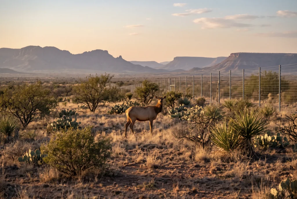 Cow elk on a West Texas game ranch with a high fence and mesas behind it