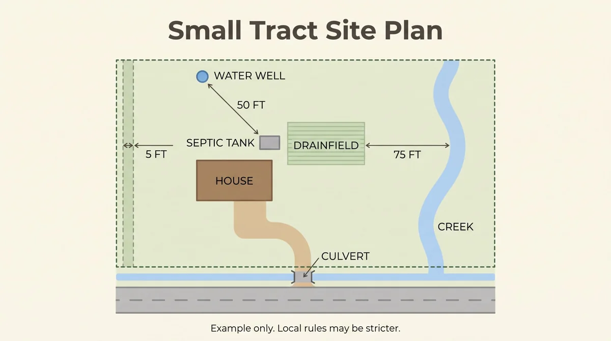 Diagram of a small rural tract showing driveway, house, water well, and septic system with setback distances